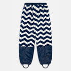 Puddleflex Waterproof Fleece Lined Trousers Navy, with a blue and white chevron pattern and stirrups, lying on a white surface.